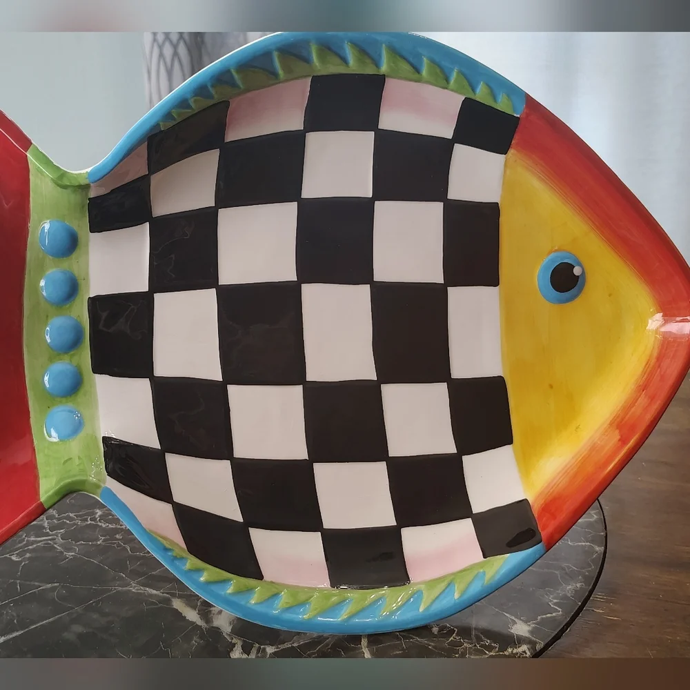 Linens-n-Things Colorful Checkered Fish-Shaped Ceramic Dish Large